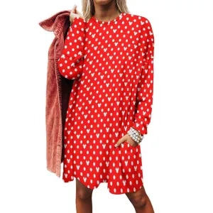 Red With White Mickey Polka Dots Women's Long Fit Sweatshirt With Pockets