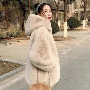 Winter Warm Thick Furry Faux Rabbit Fur Hooded Coats