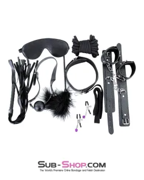 2316M      Black Bondage Fantasy Rope, Cuffs, Collar, Clamps, Blindfold, Gag, Whip, Tickler and Connections Kit – 10 pcs