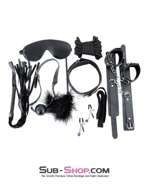 2316M      Black Bondage Fantasy Rope, Cuffs, Collar, Clamps, Blindfold, Gag, Whip, Tickler and Connections Kit – 10 pcs