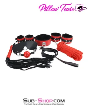 2334M      Black and Red Bondage Cuffs, Collar, Leash, Gag, Rope, Whip and Blindfold Kit - 10 Pcs