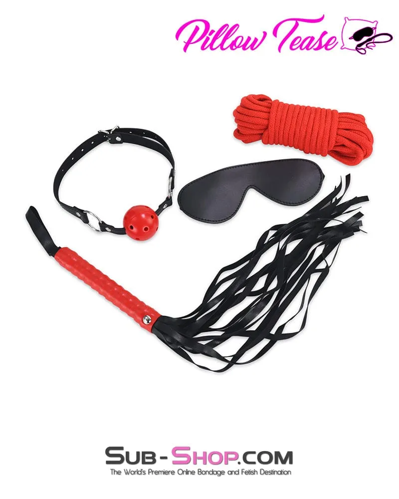 2334M      Black and Red Bondage Cuffs, Collar, Leash, Gag, Rope, Whip and Blindfold Kit - 10 Pcs