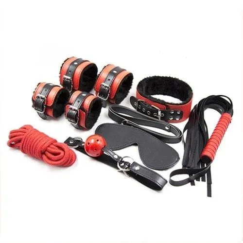 2334M      Black and Red Bondage Cuffs, Collar, Leash, Gag, Rope, Whip and Blindfold Kit - 10 Pcs