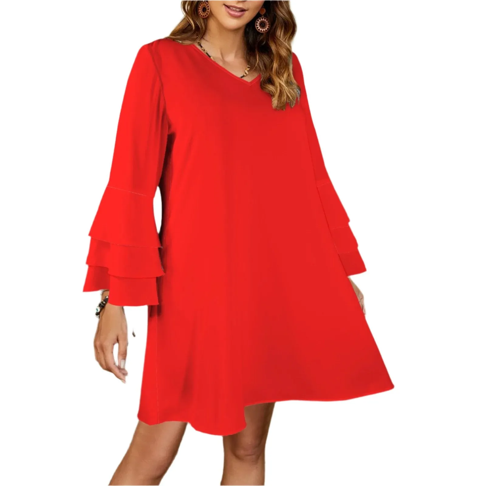 70s Style Red Bell Sleeve Boho Dress | Retro V-Neck 70s inpired Mini Dress