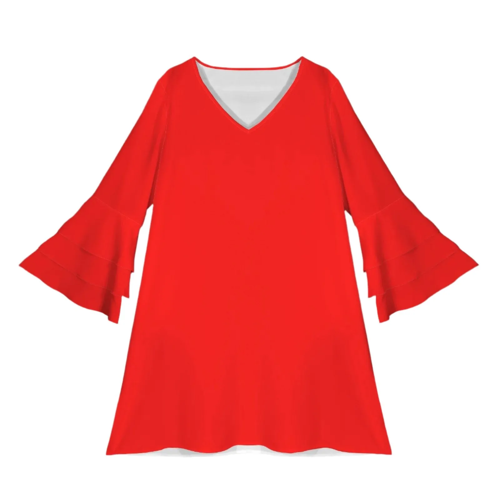 70s Style Red Bell Sleeve Boho Dress | Retro V-Neck 70s inpired Mini Dress