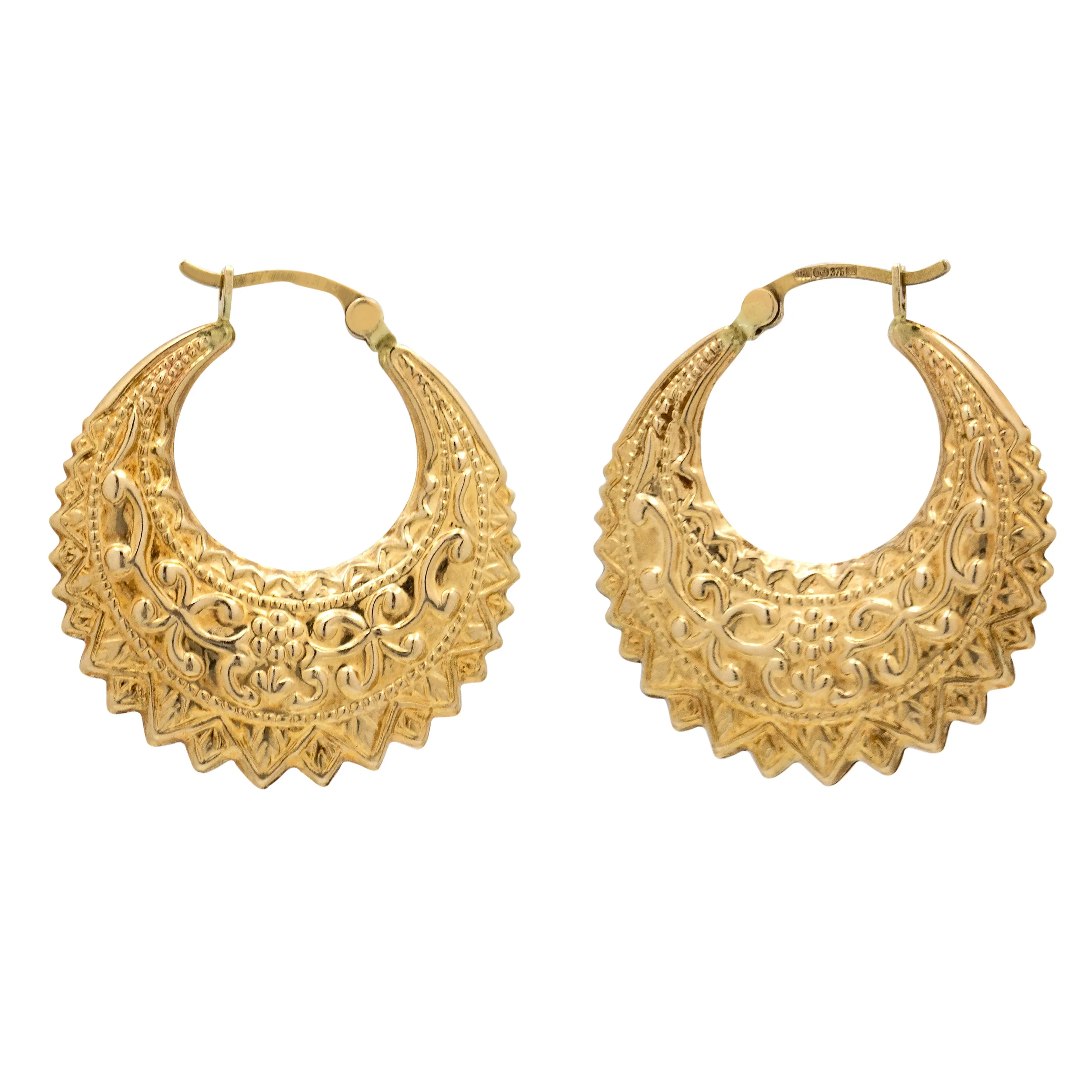 9ct Gold Floral Repousse Hoop Earrings