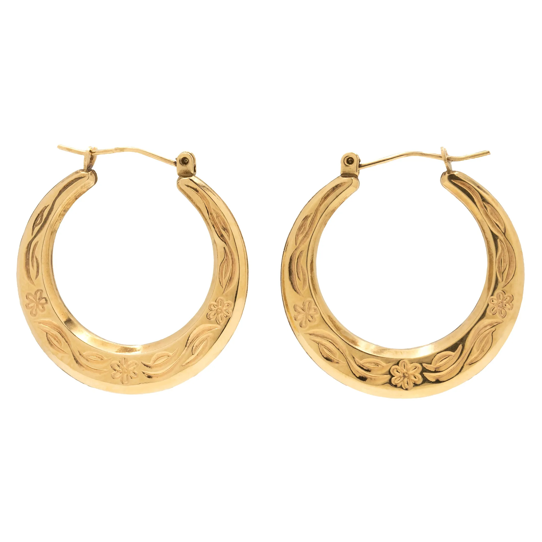 9ct Gold Flower Engraved Hoop Earrings