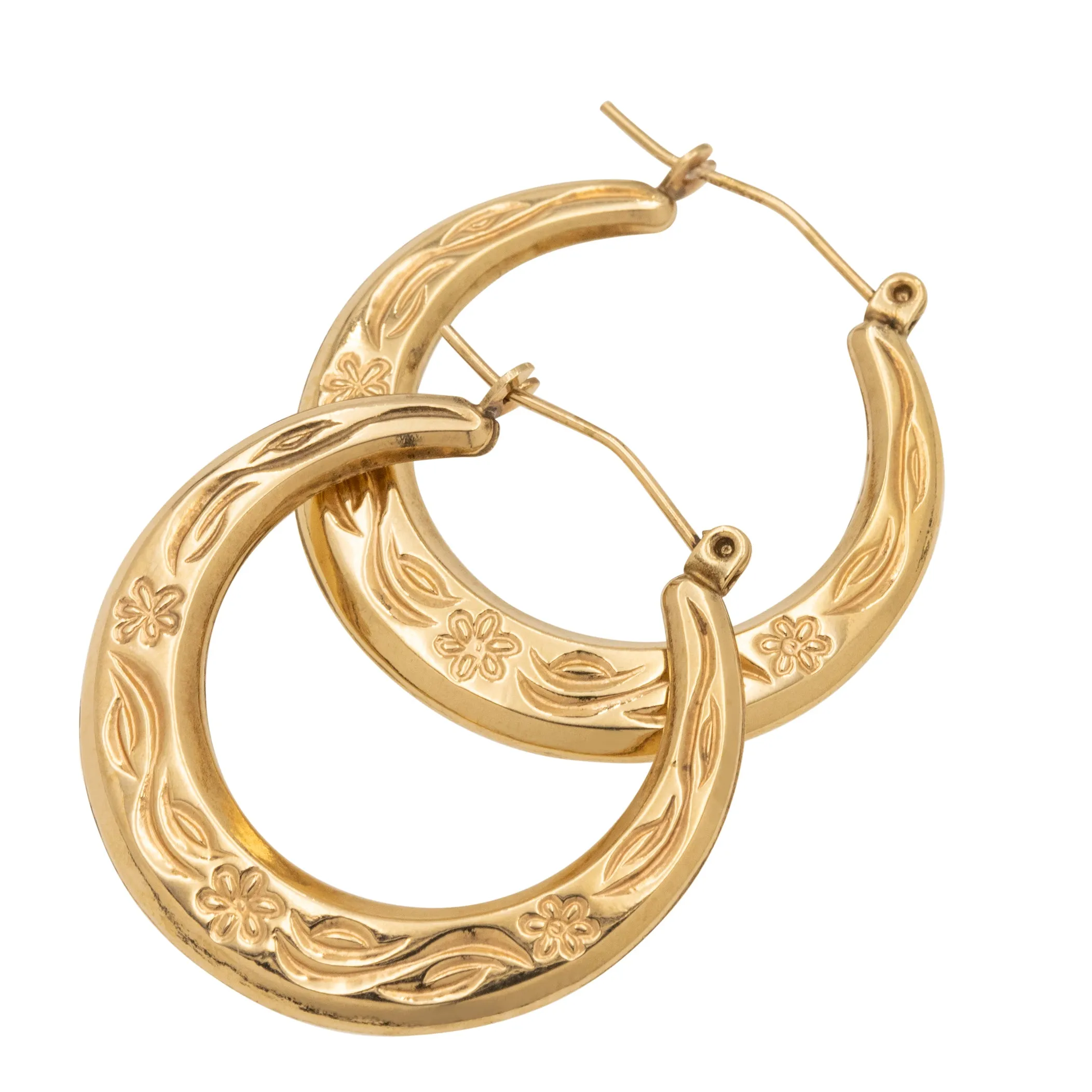 9ct Gold Flower Engraved Hoop Earrings