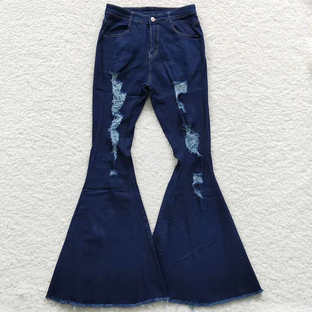 Adult Women Jeans Distressed Denim Bell Pants Jeans P0118