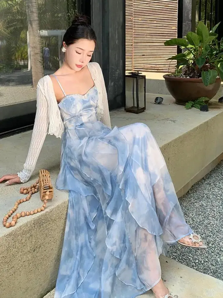 Aiertu Summer Elegant Sleeveless Backless A-line Slip Dress Retro Blue Tie Dye Slim Ruffles Irregular Party Long Dresses For Women