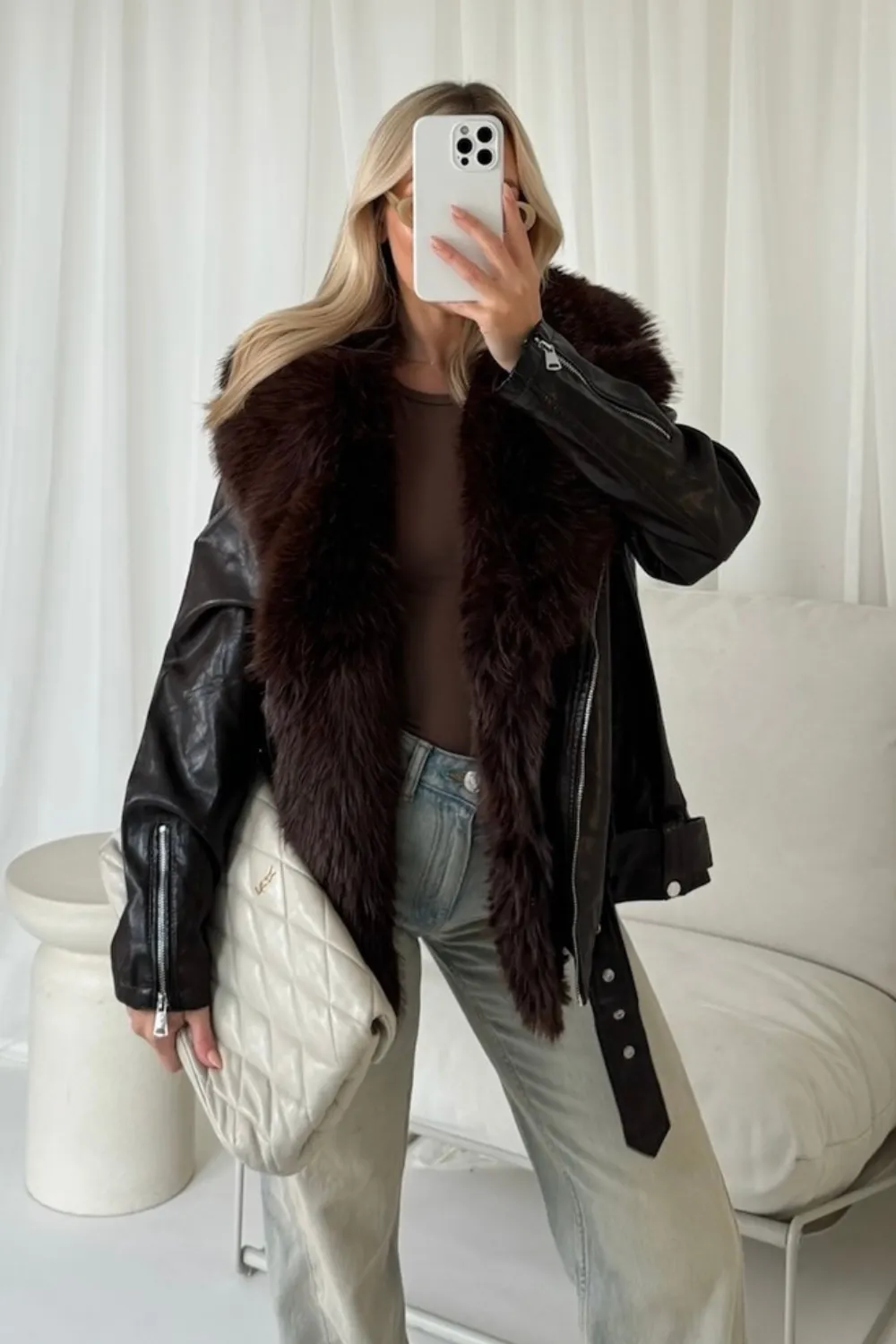 Alexis chocolate faux fur PU leather jacket