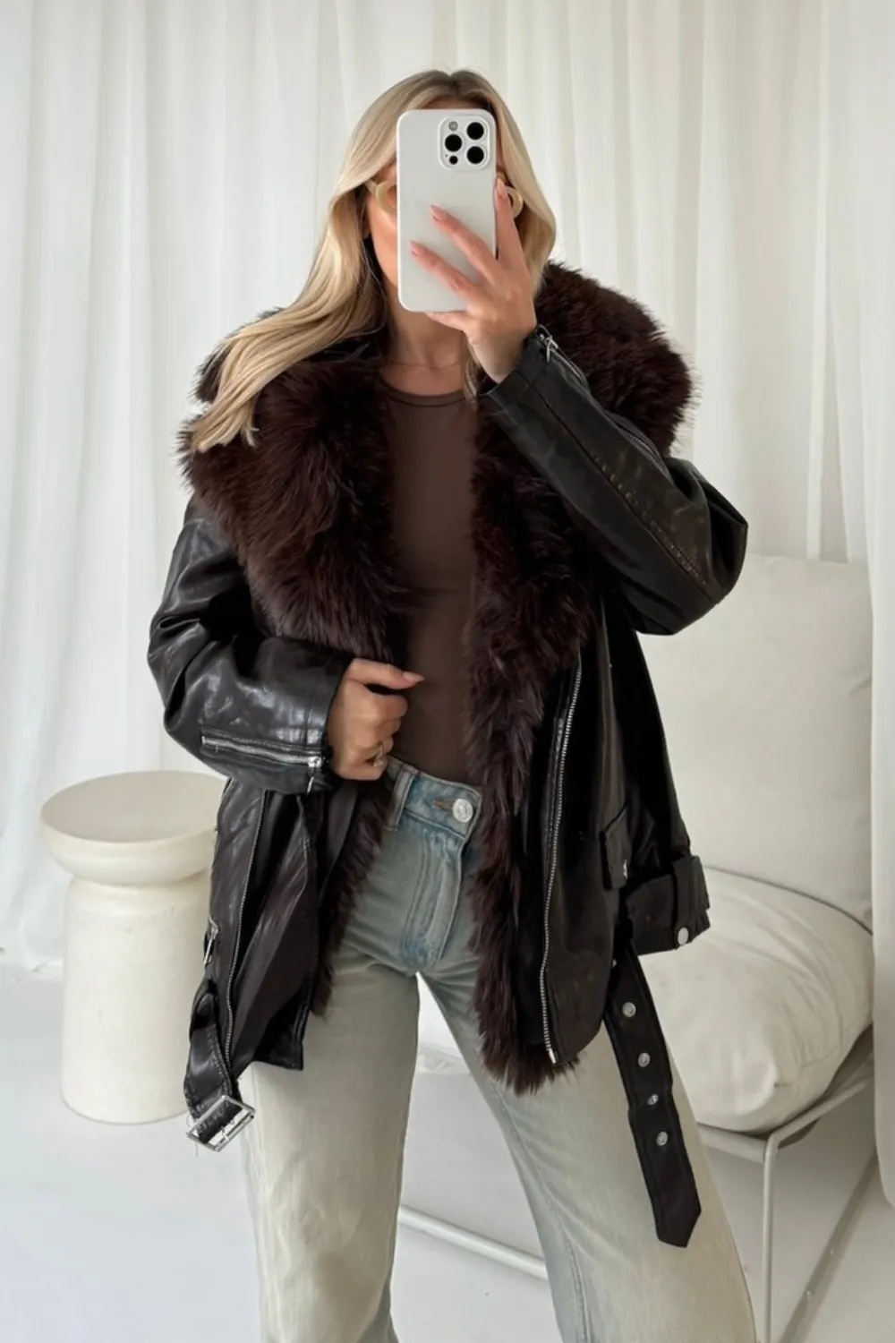 Alexis chocolate faux fur PU leather jacket