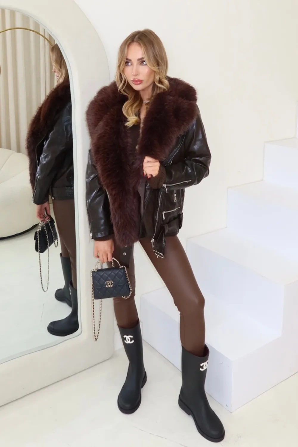 Alexis chocolate faux fur PU leather jacket