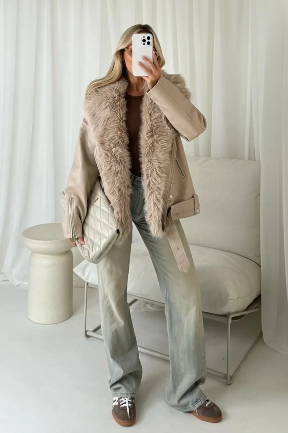 Alexis cream faux fur and PU leather jacket