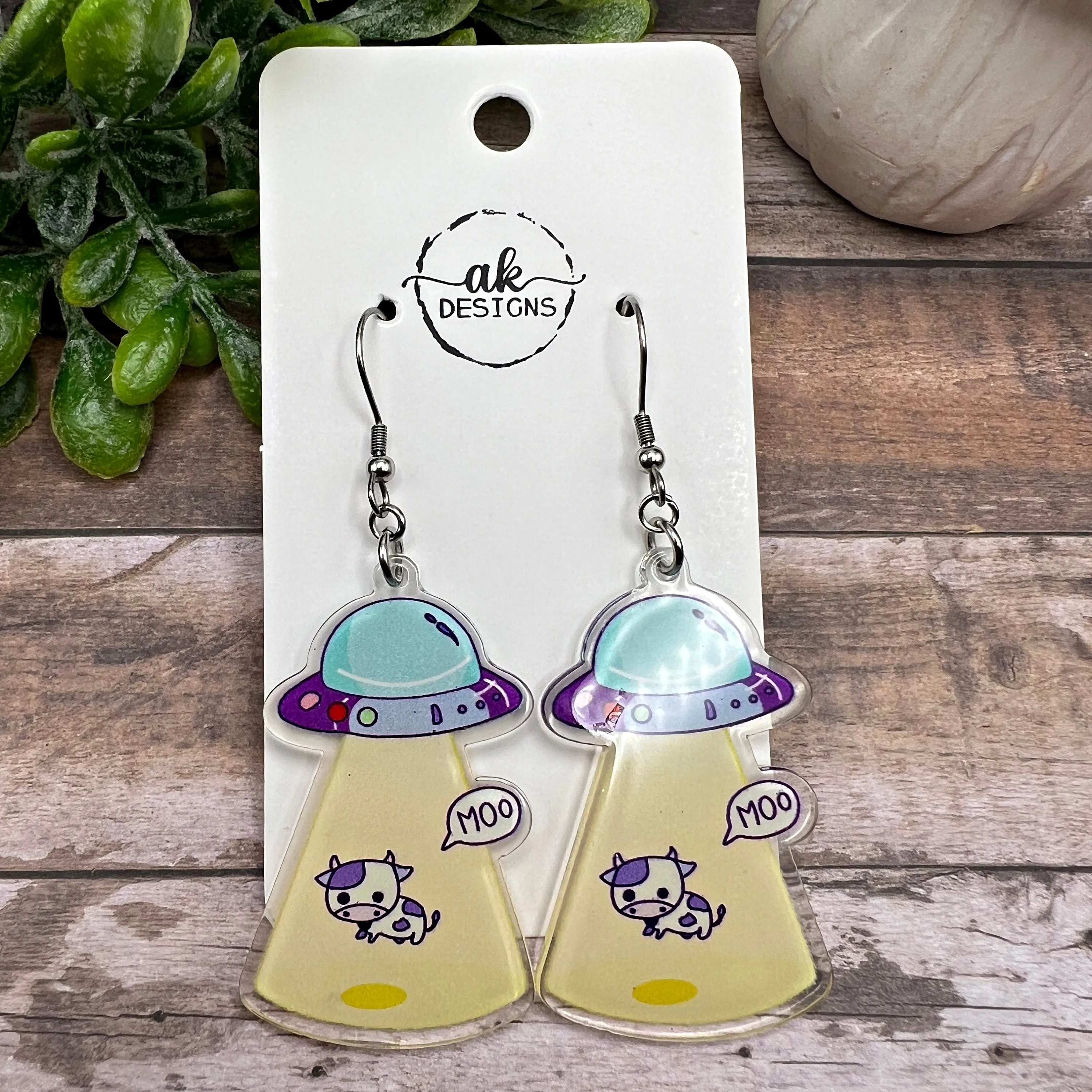 Alien Cow Abduction Space Earrings