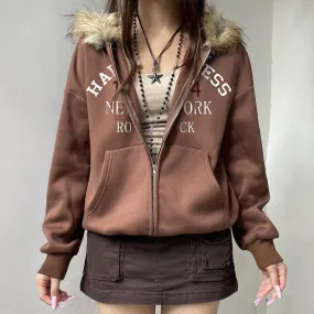 American Retro Fur Collar Hooded Zipper Sweatshirt for Women - Street Hipster Style in Brown