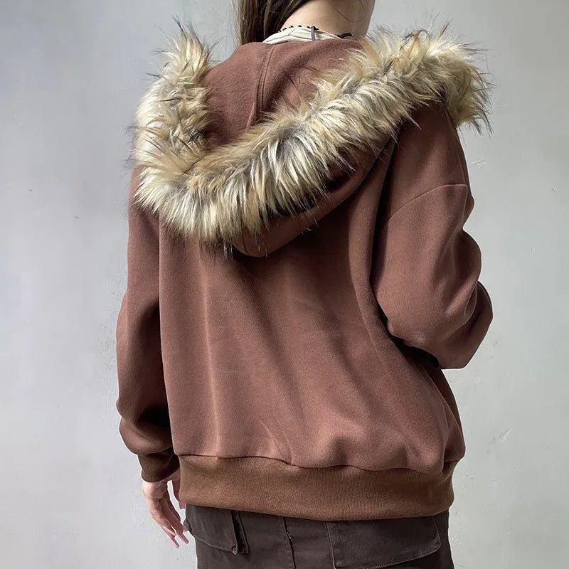 American Retro Fur Collar Hooded Zipper Sweatshirt for Women - Street Hipster Style in Brown