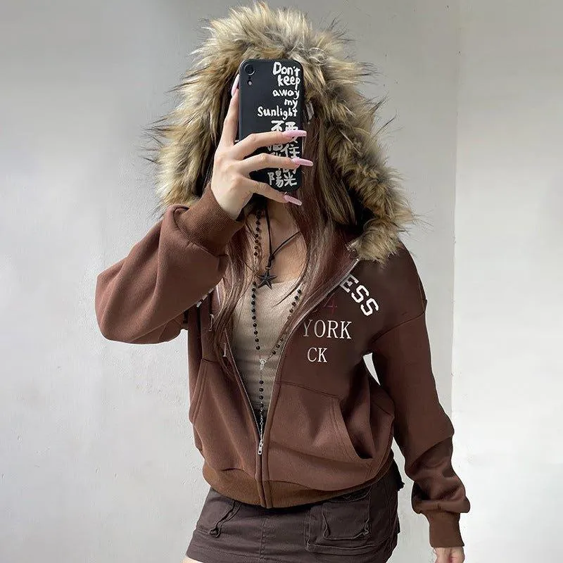 American Retro Fur Collar Hooded Zipper Sweatshirt for Women - Street Hipster Style in Brown