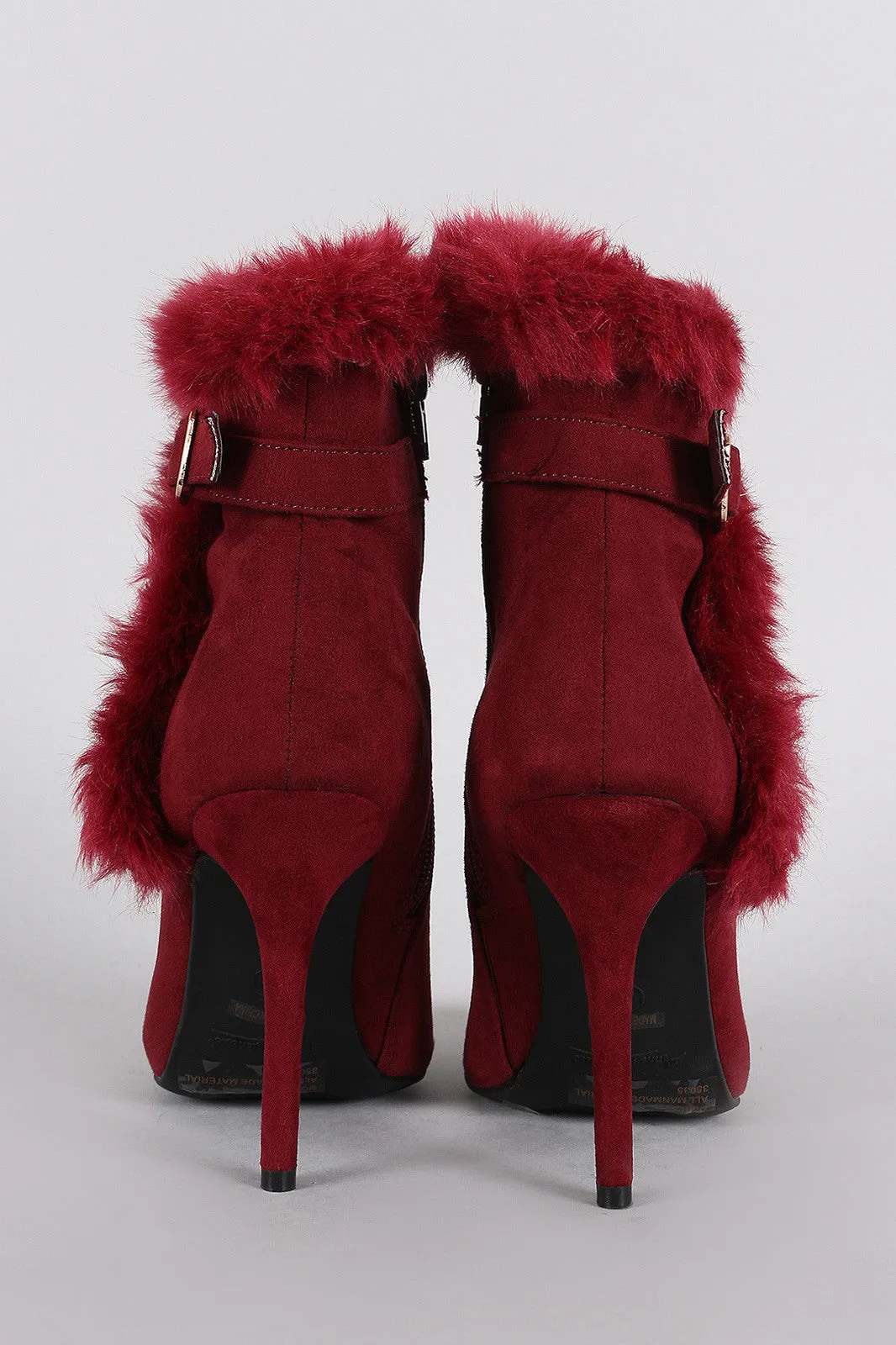 Anne Michelle Buckle Faux Fur Collar Pointy Toe Stiletto Ankle Boots