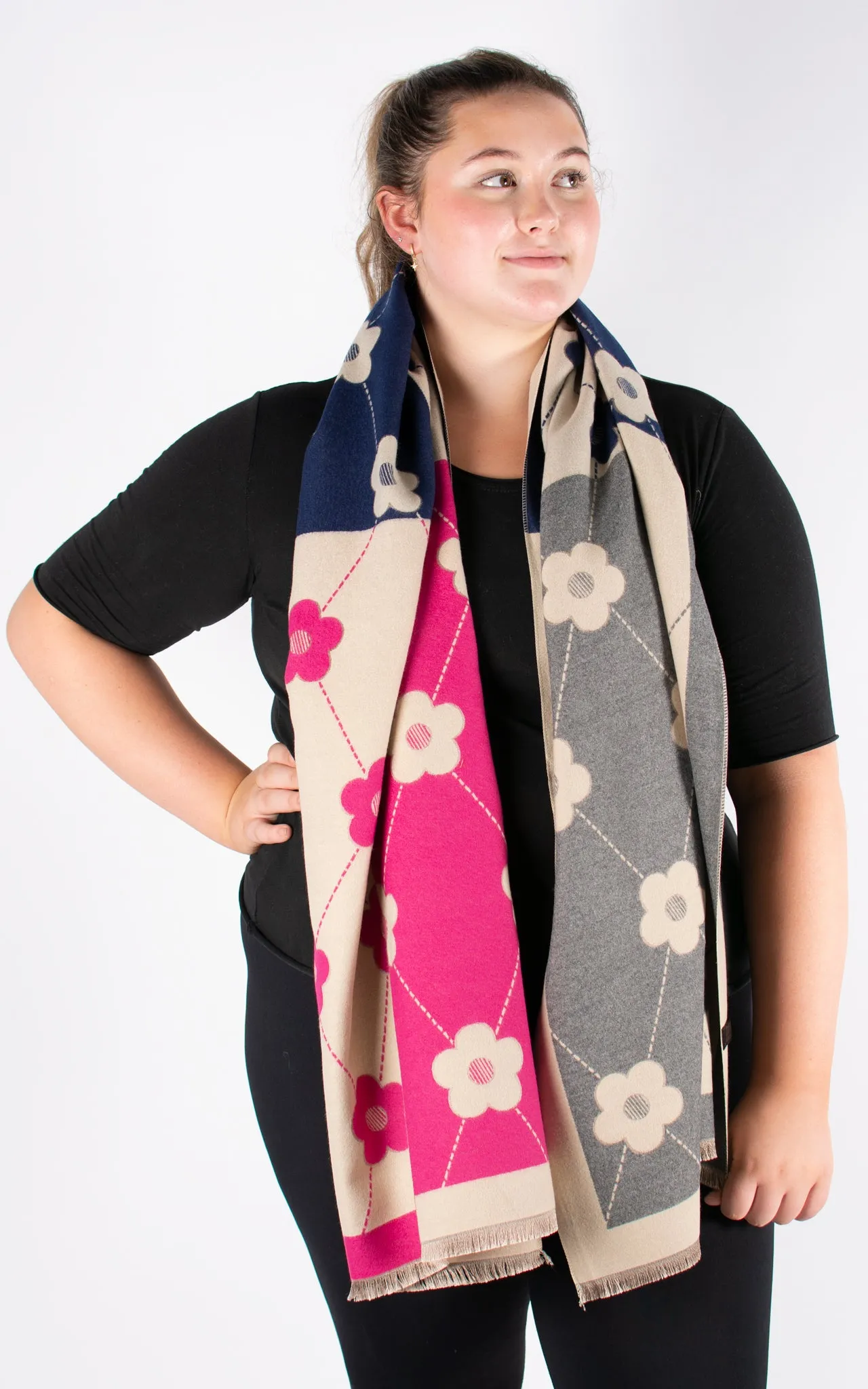 Autumn Winter Scarf | Floral Harlequin | Hot Pink & Navy