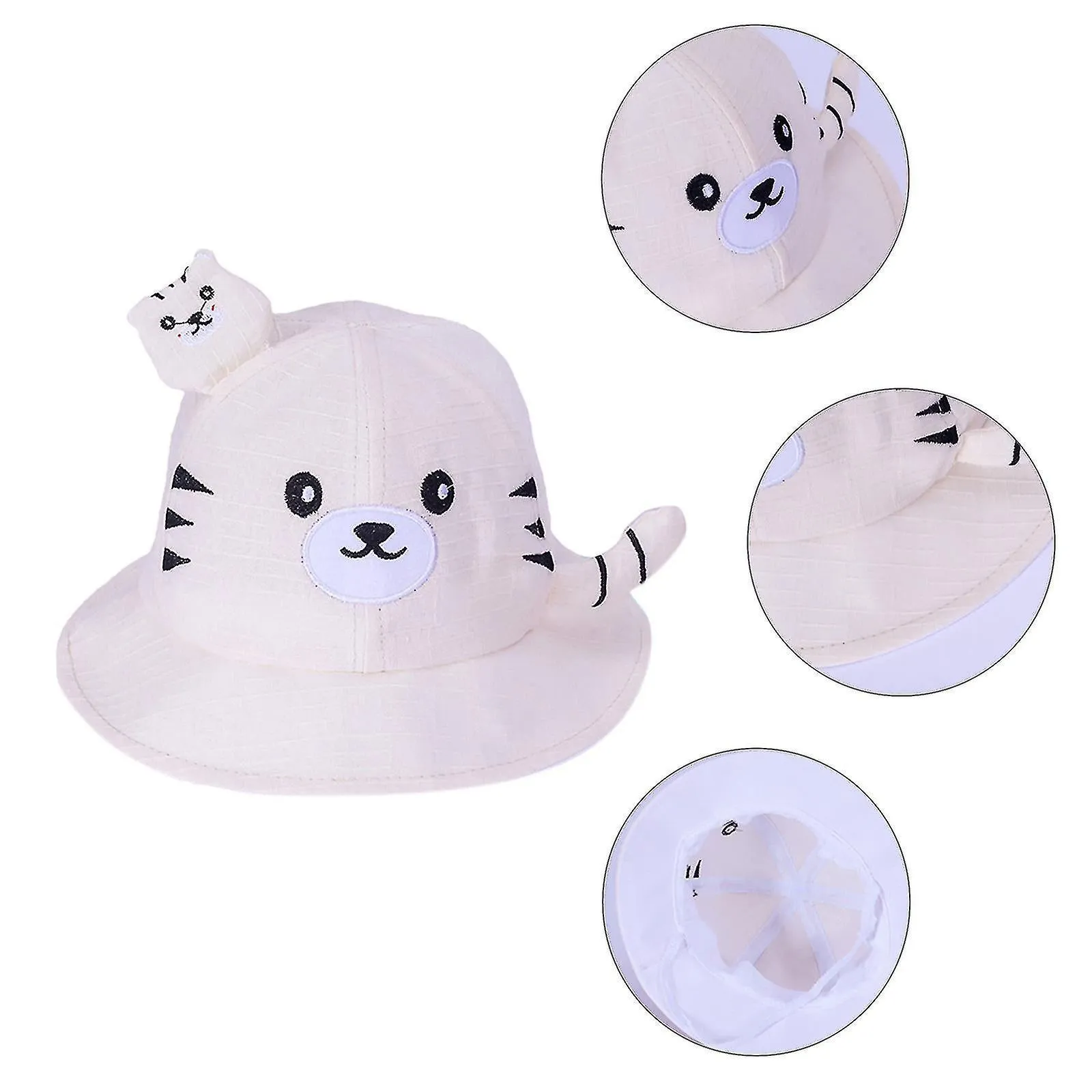 Babymoon Cotton Baby Kids Boys Girls Summer Cap With Head String Cat Design | 2-6 Years | White