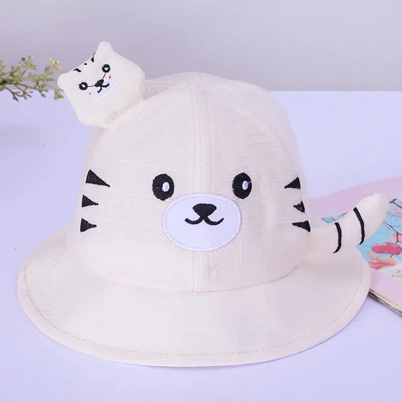 Babymoon Cotton Baby Kids Boys Girls Summer Cap With Head String Cat Design | 2-6 Years | White