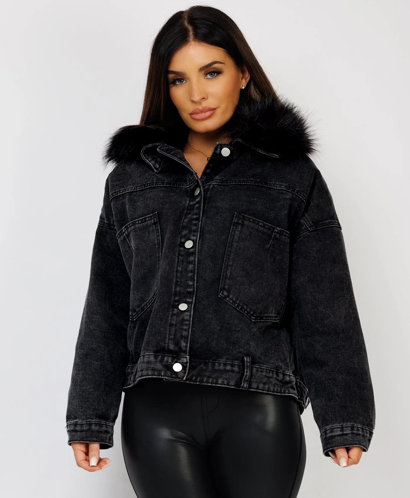 Black Faux Fur Trim Cross Lace Back Denim Jackets