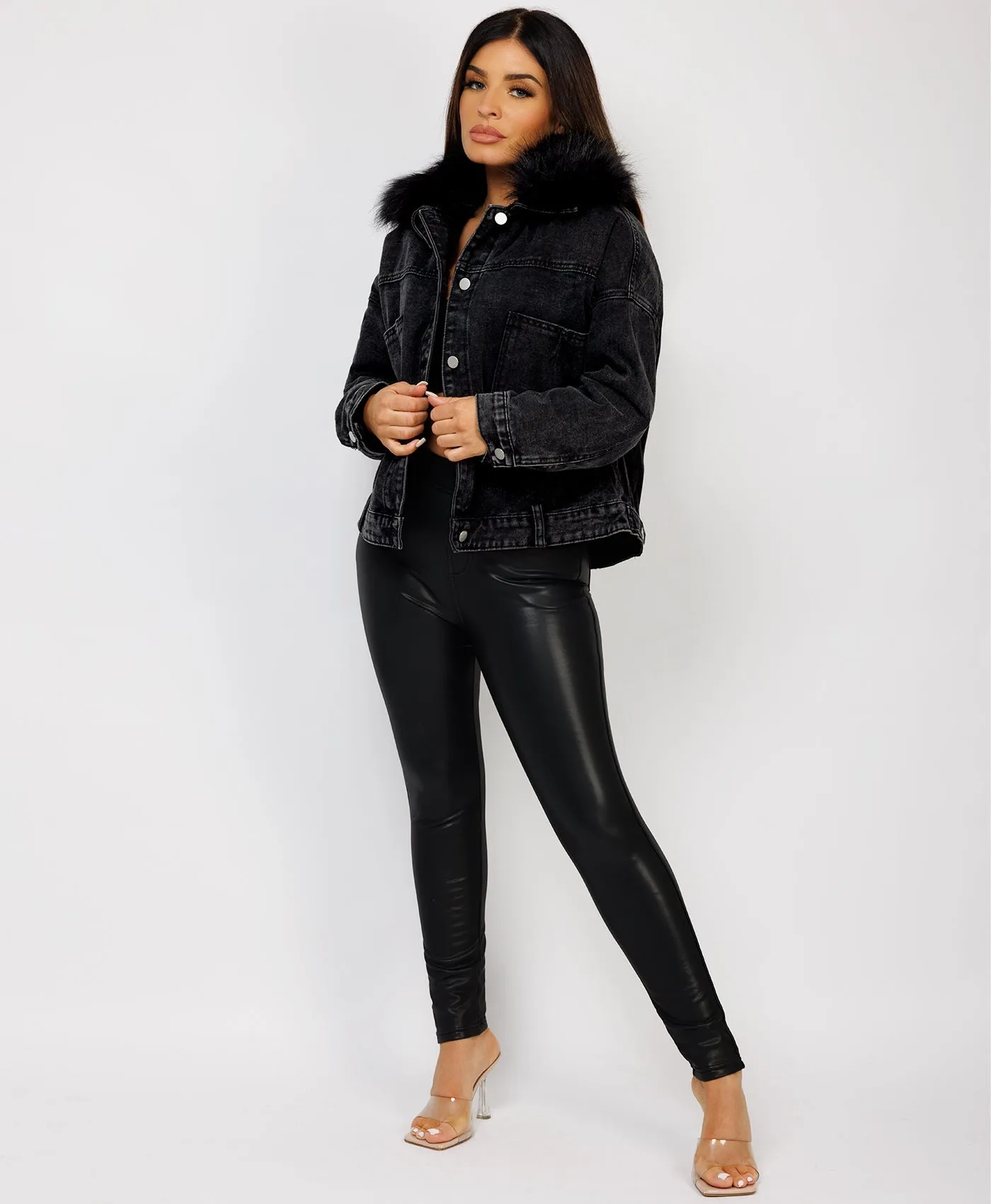 Black Faux Fur Trim Cross Lace Back Denim Jackets