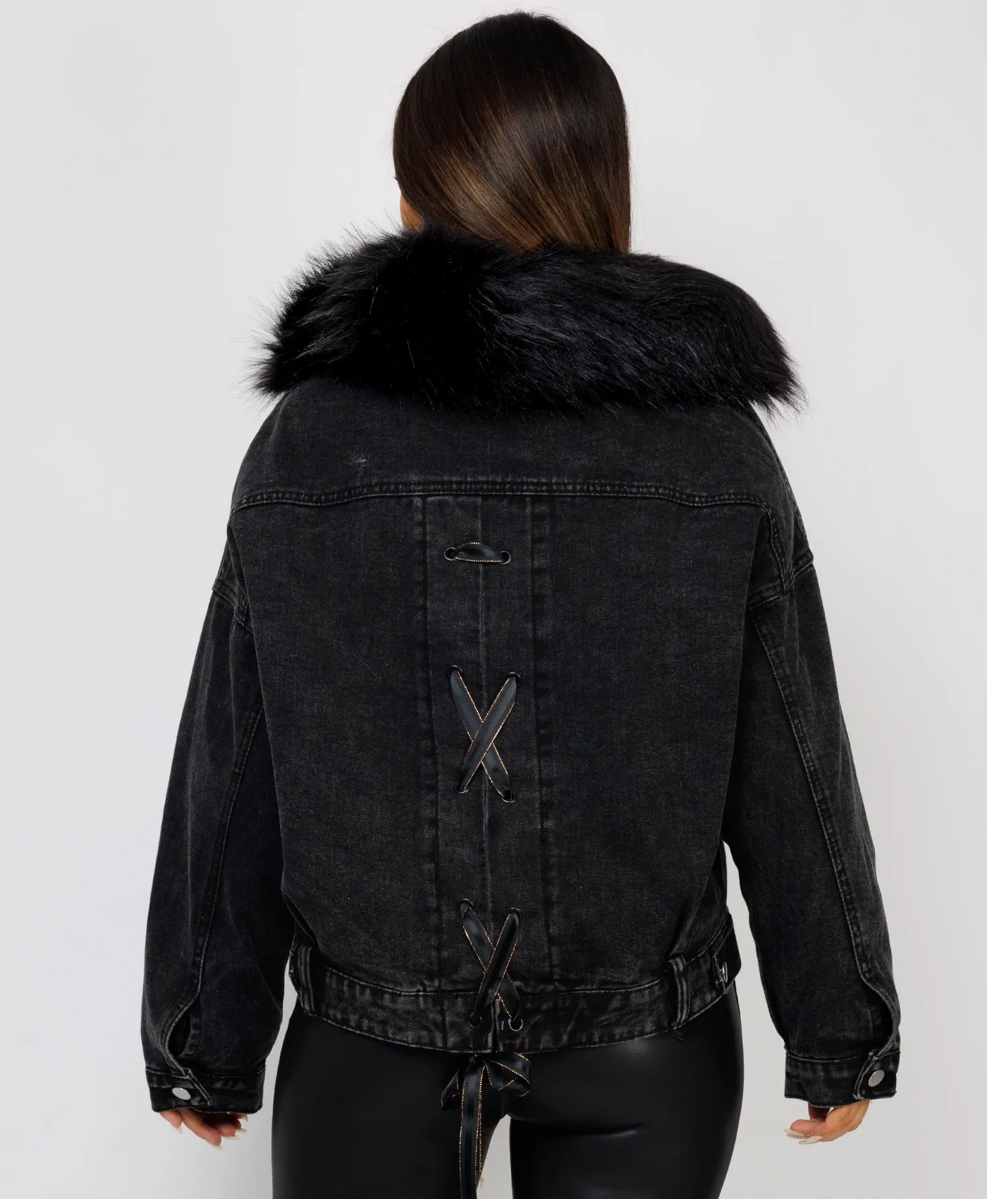 Black Faux Fur Trim Cross Lace Back Denim Jackets