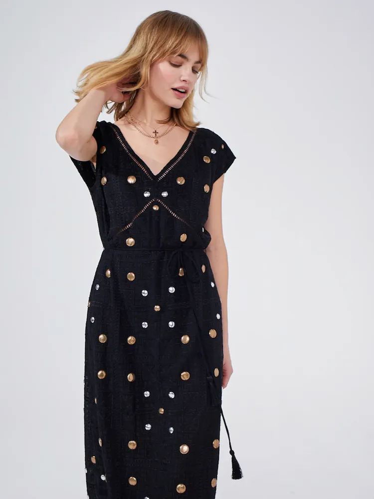 Black Gitana Sequin Embroidered Maxi Dress