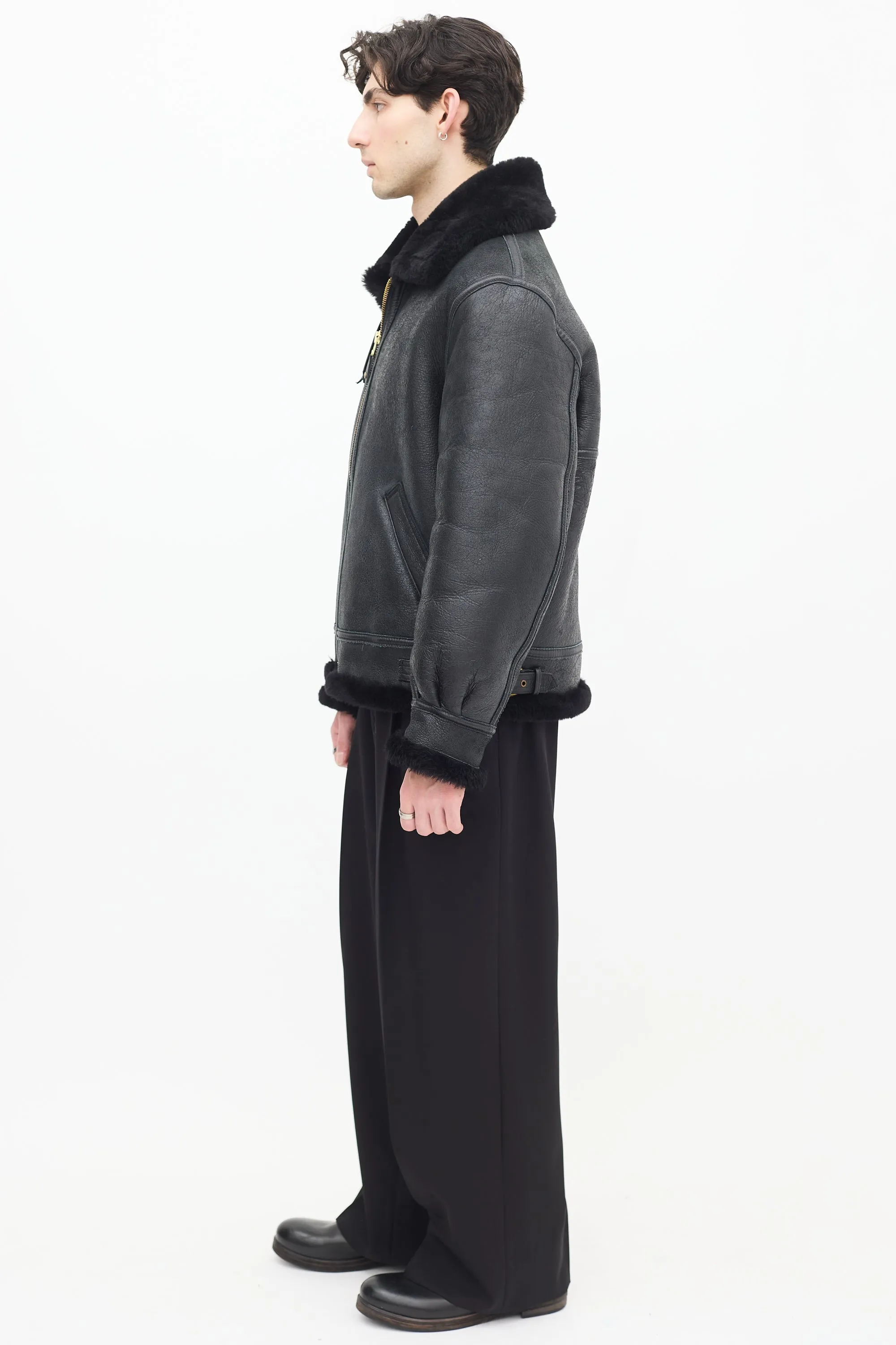 Black Leather & Shearling Lined Moto Jacket