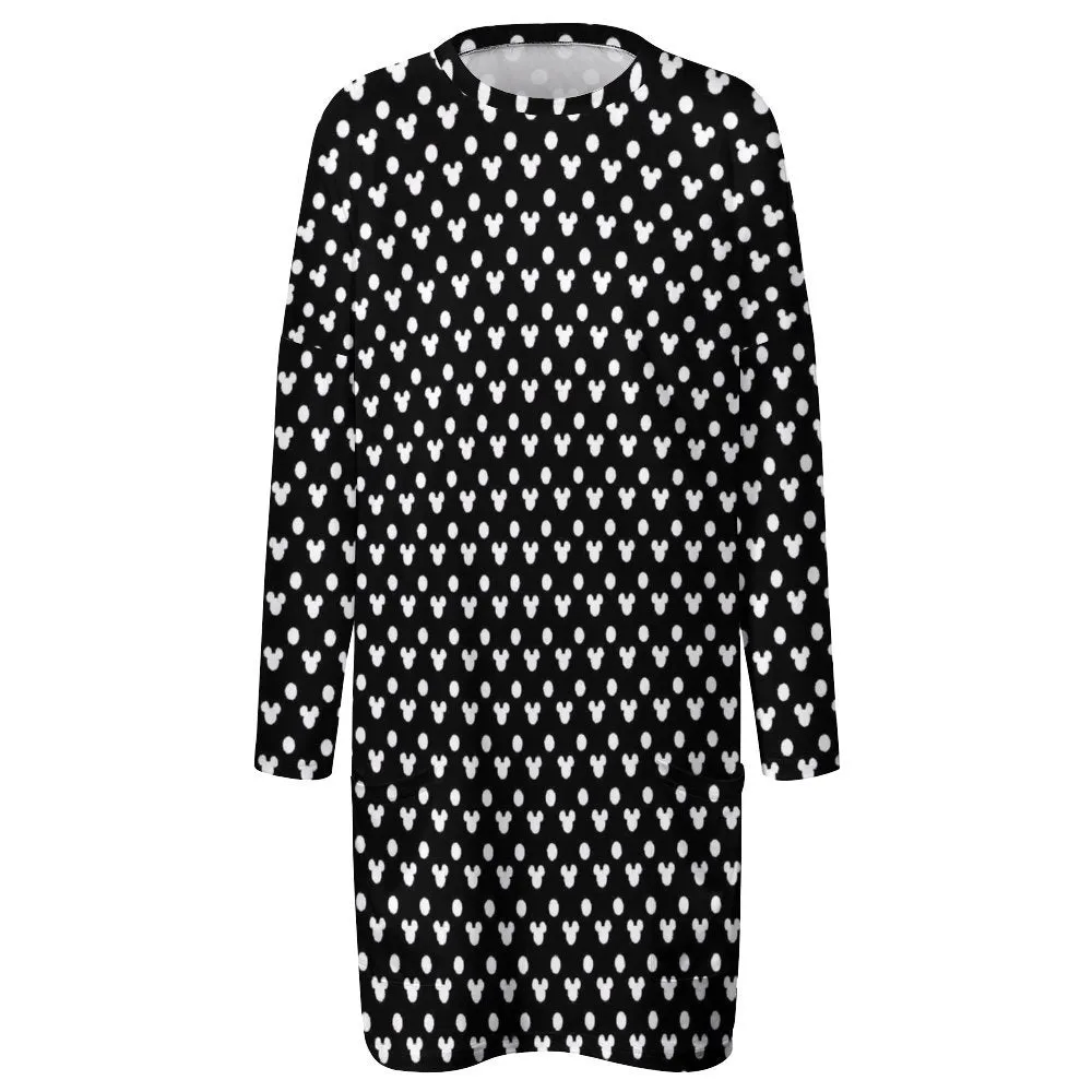 Black With White Mickey Polka Dots Women's Long Fit Sweatshirt With Pockets