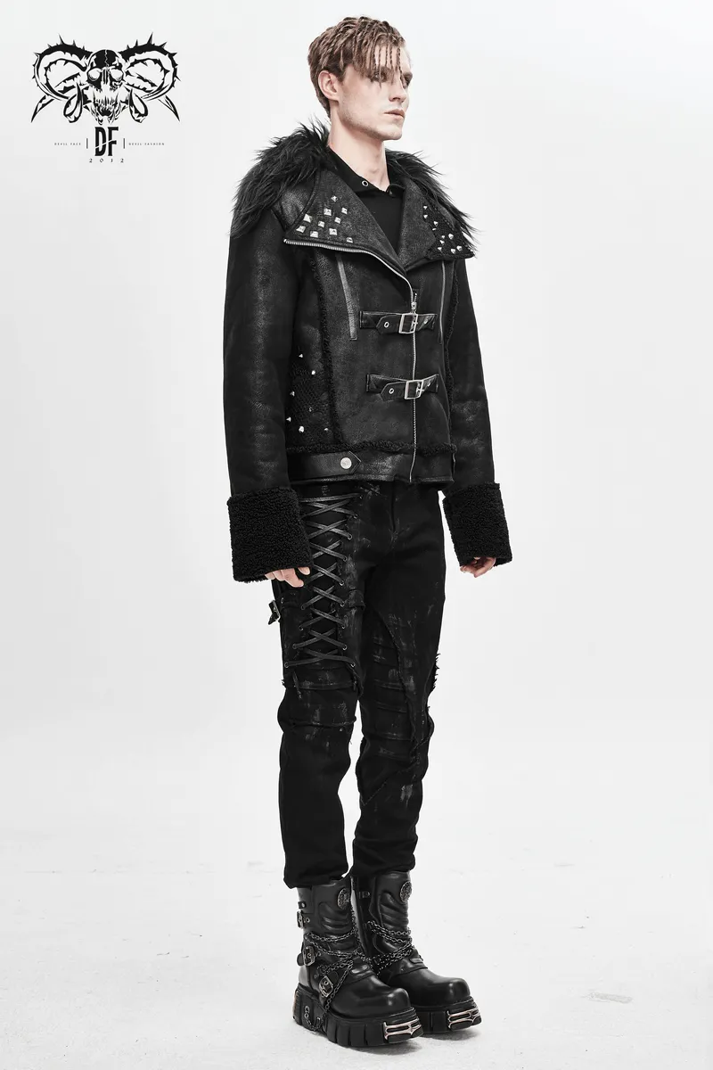 Black Zipper Jacket with Studs and Buckles / Gothic Punk Fur Collar Pu Leather Jackets