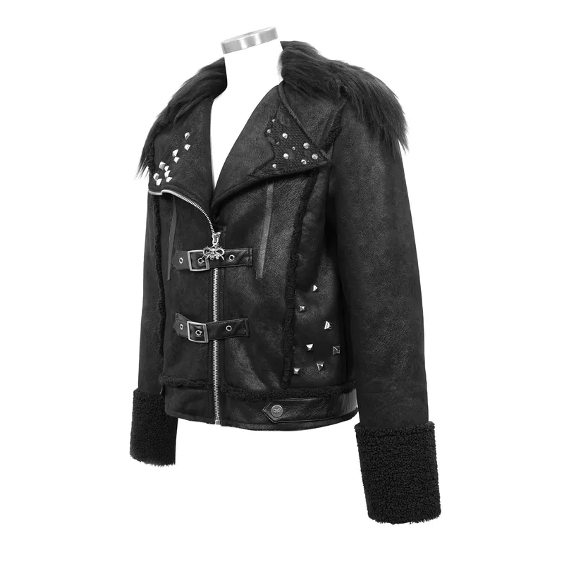 Black Zipper Jacket with Studs and Buckles / Gothic Punk Fur Collar Pu Leather Jackets