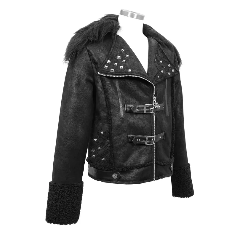 Black Zipper Jacket with Studs and Buckles / Gothic Punk Fur Collar Pu Leather Jackets