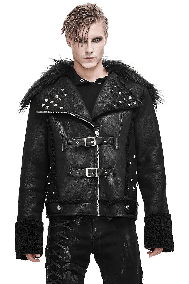 Black Zipper Jacket with Studs and Buckles / Gothic Punk Fur Collar Pu Leather Jackets