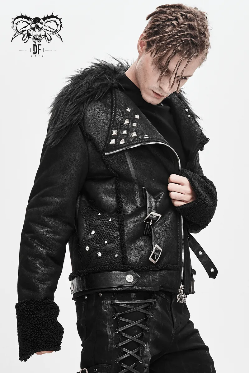 Black Zipper Jacket with Studs and Buckles / Gothic Punk Fur Collar Pu Leather Jackets