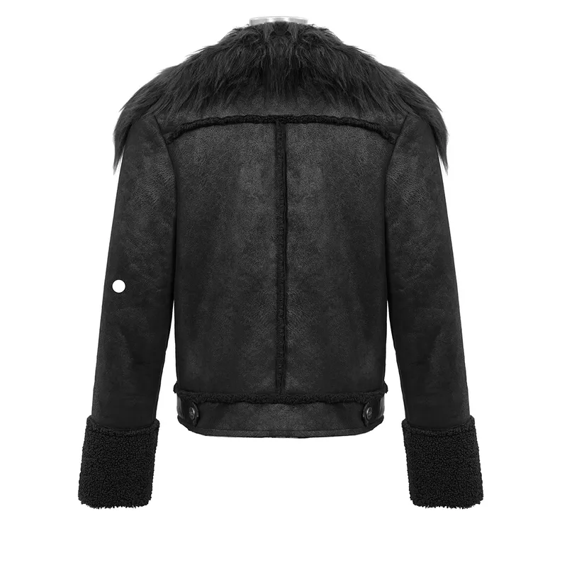 Black Zipper Jacket with Studs and Buckles / Gothic Punk Fur Collar Pu Leather Jackets