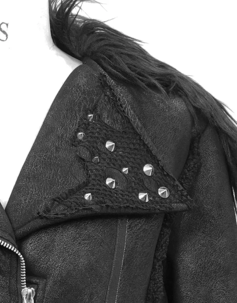 Black Zipper Jacket with Studs and Buckles / Gothic Punk Fur Collar Pu Leather Jackets