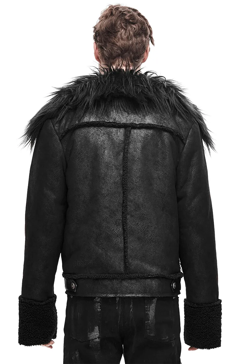 Black Zipper Jacket with Studs and Buckles / Gothic Punk Fur Collar Pu Leather Jackets