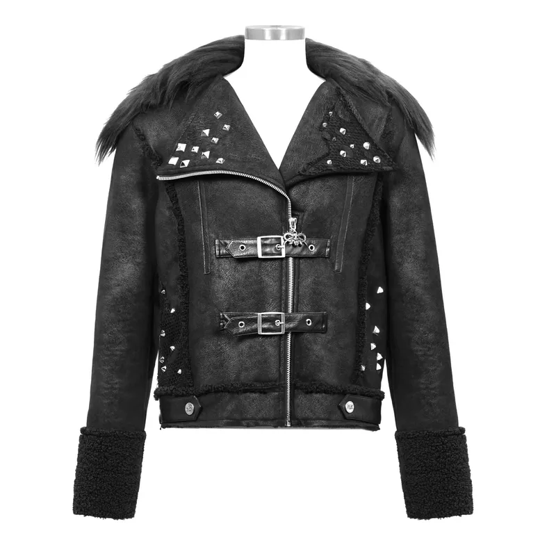 Black Zipper Jacket with Studs and Buckles / Gothic Punk Fur Collar Pu Leather Jackets