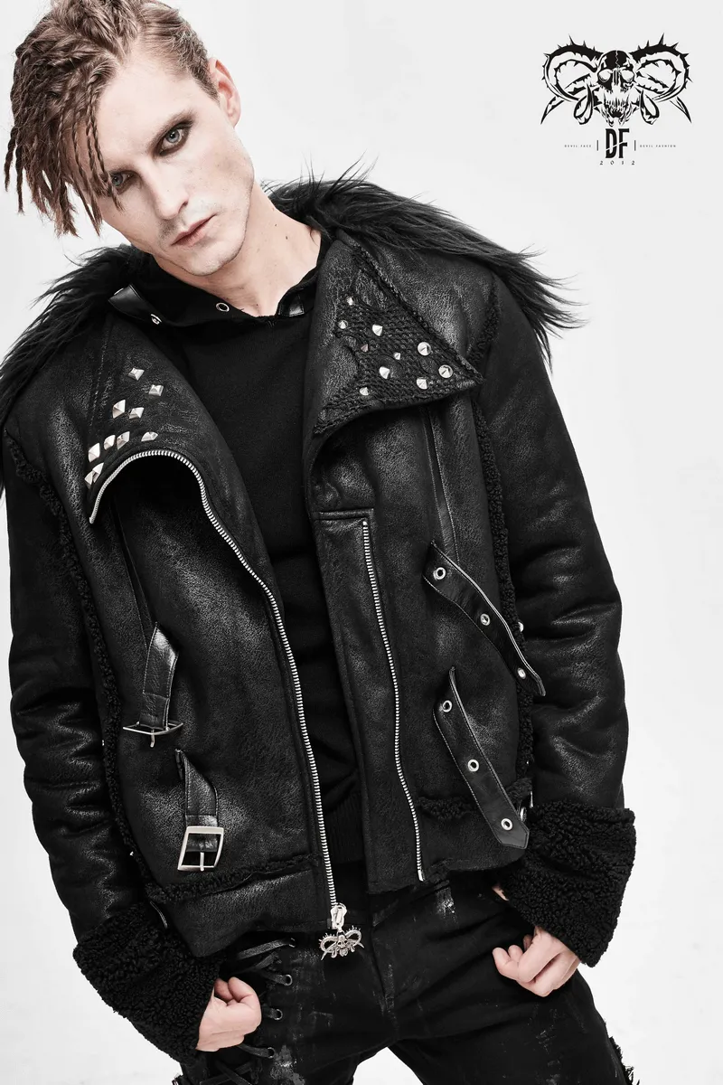 Black Zipper Jacket with Studs and Buckles / Gothic Punk Fur Collar Pu Leather Jackets