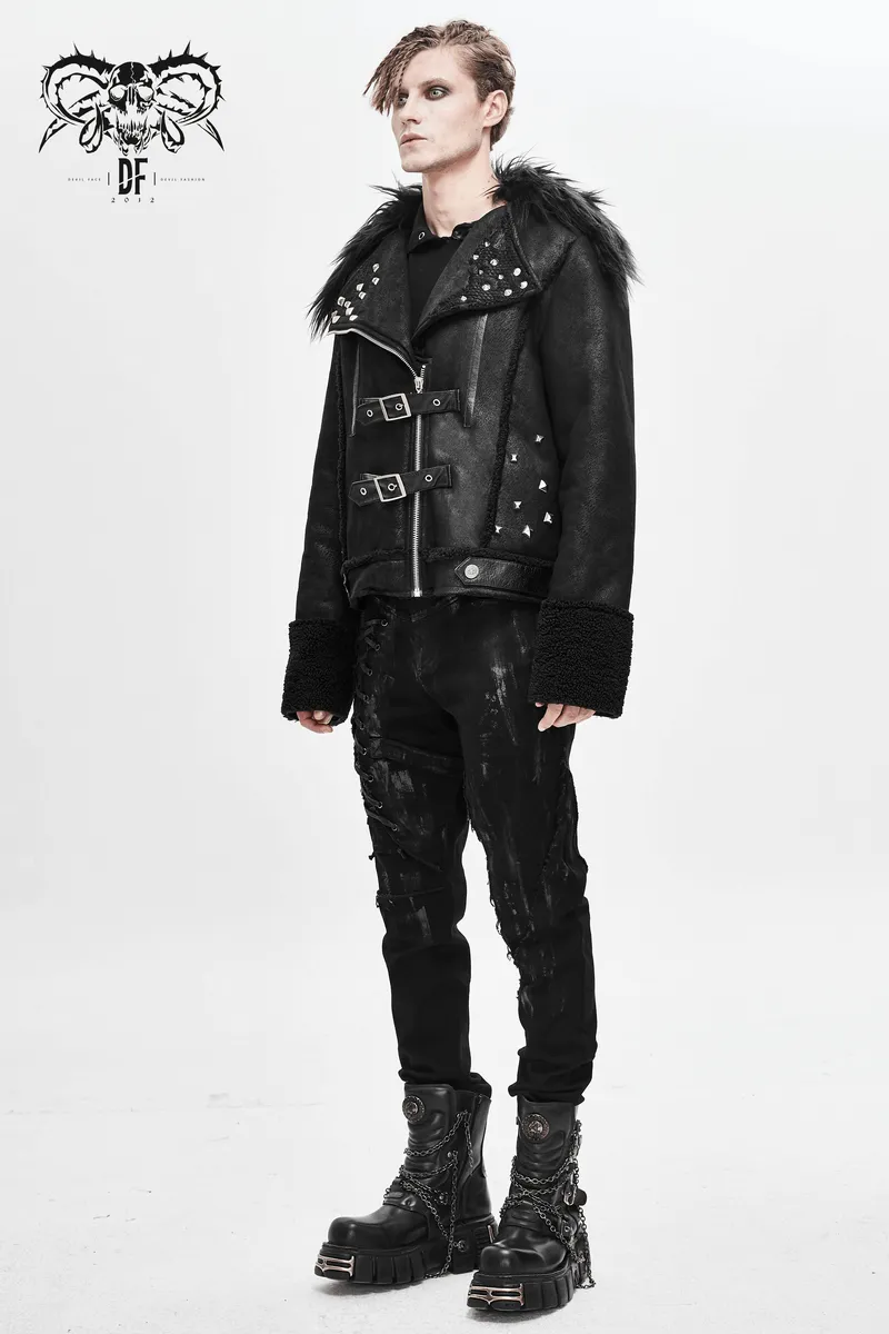 Black Zipper Jacket with Studs and Buckles / Gothic Punk Fur Collar Pu Leather Jackets