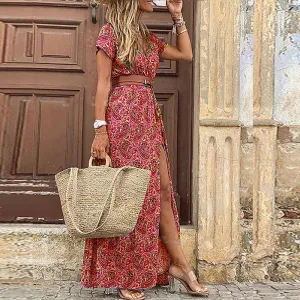 Bohemian V-Neck Floral and Paisley Ankle Length Summer Dresses