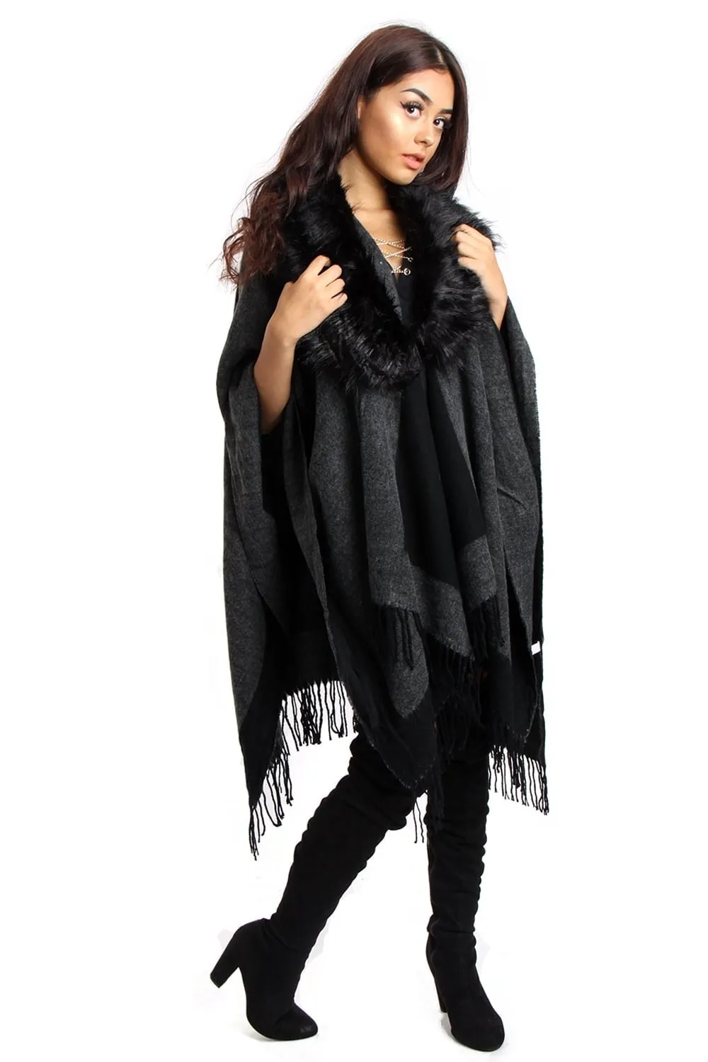 Border Block Blanket Cape with Fringe