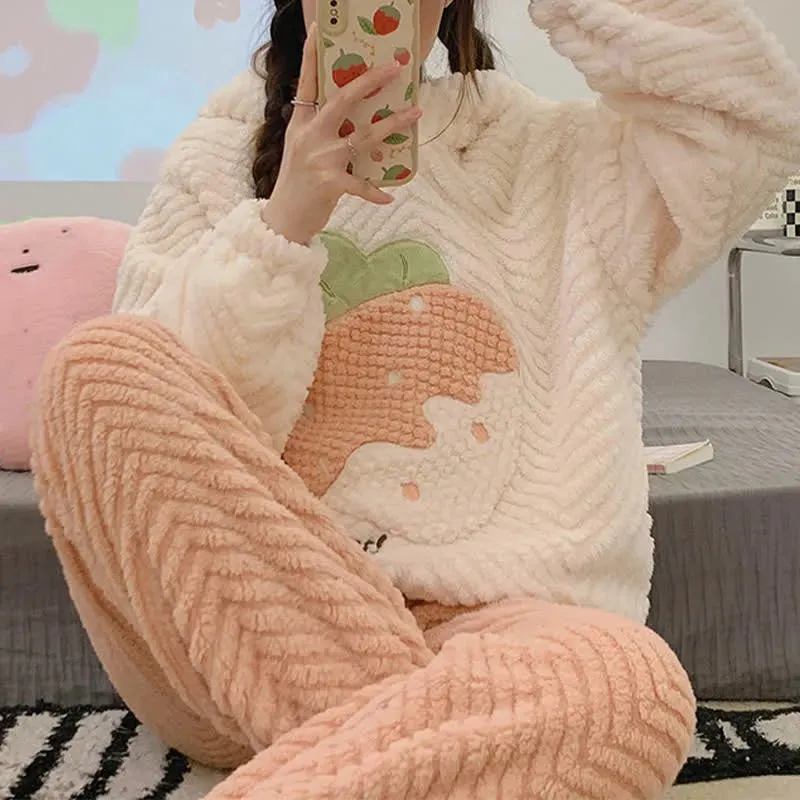 Bunny Ear Strawberry Letter Hooded Pajamas Two Piece Set