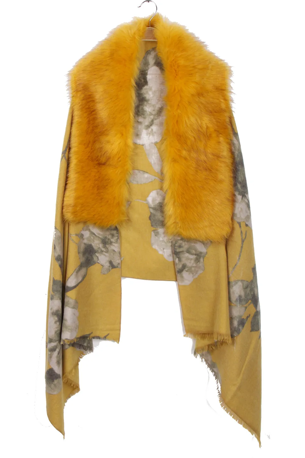 Cashmere Feels Faux Fur Collar Fringe Shawl/Scarf with Floral Print