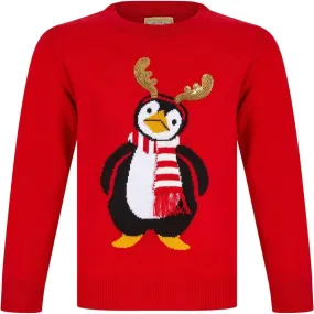 Christmas Antler Penguin Junior Christmas Jumper - Red