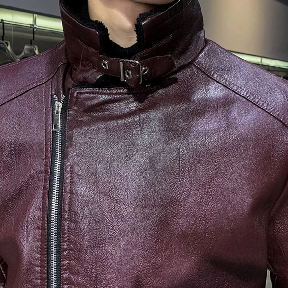 Classic Wine Color Faux Leather Jacket