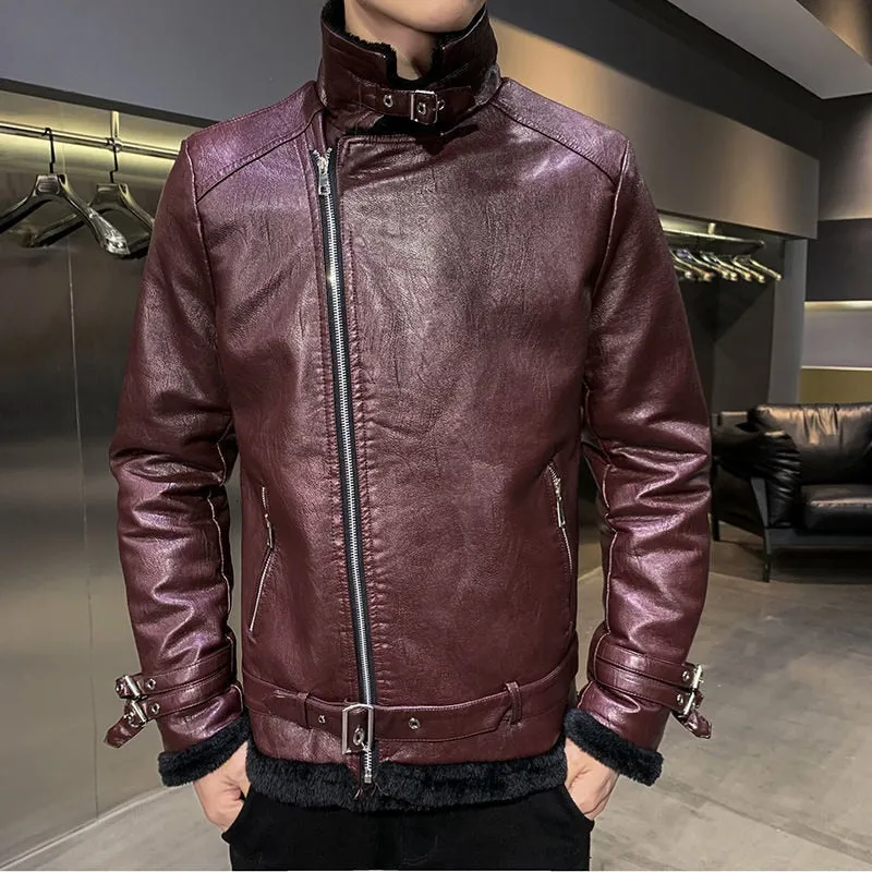 Classic Wine Color Faux Leather Jacket